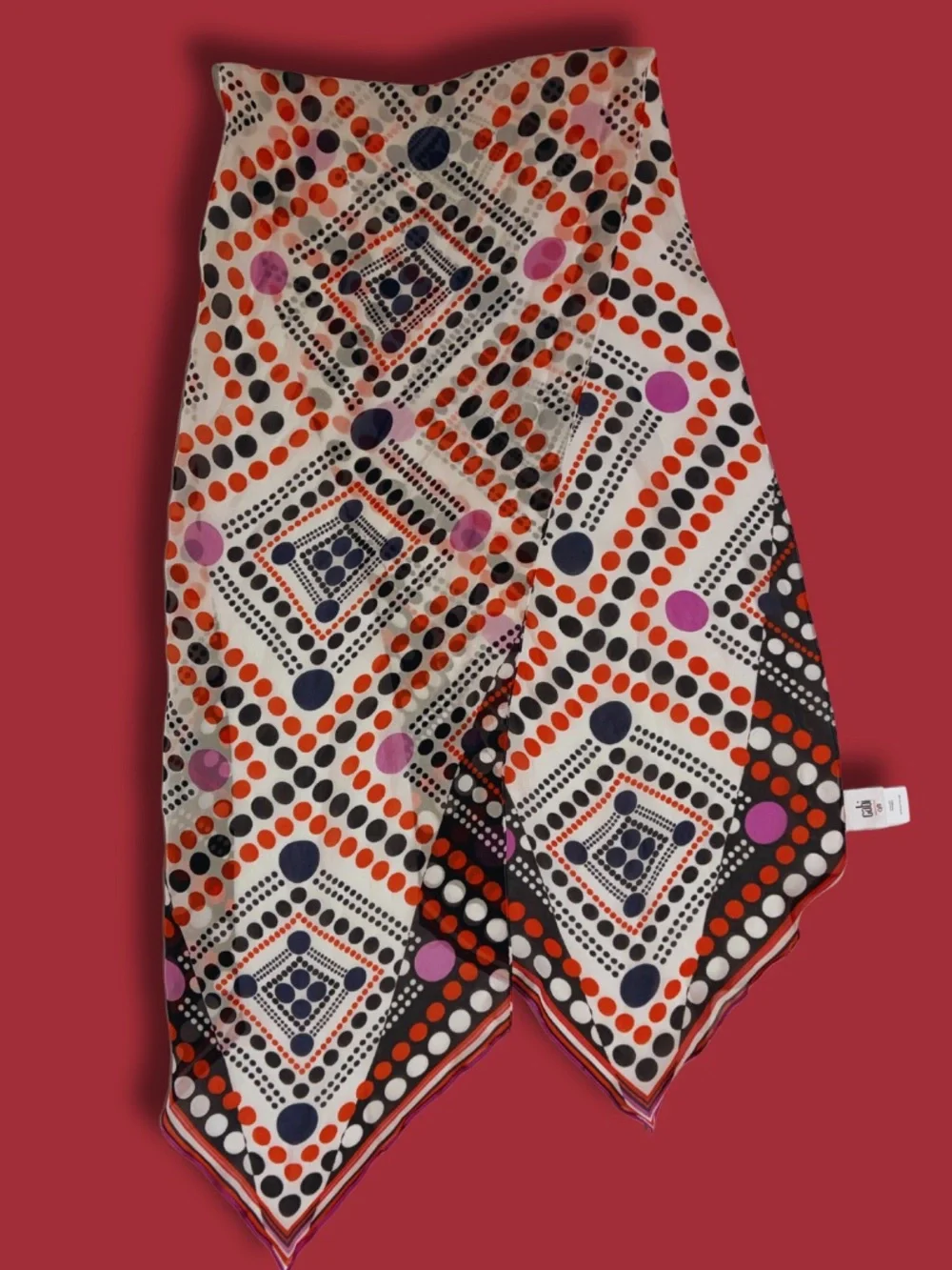 Vintage Y2K 100% Silk CAbi Ivory Scarf with Red, Pink & Black Polka Dots